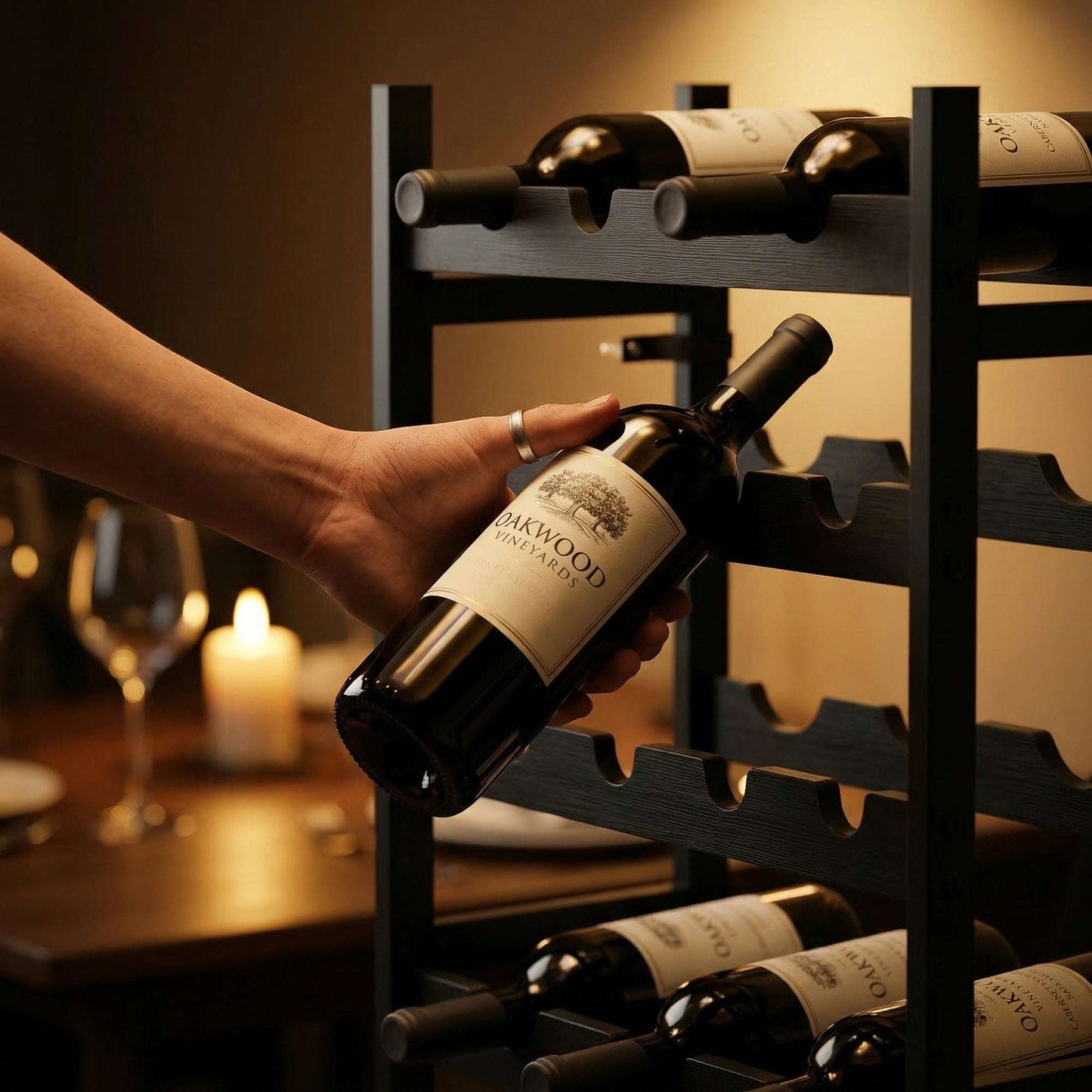 Freestanding Wine Rack | 5-Tier | 20 Bottles | Industrial Steel | Wave Slats | Anti-Tip Strap | Adjustable Feet | Black