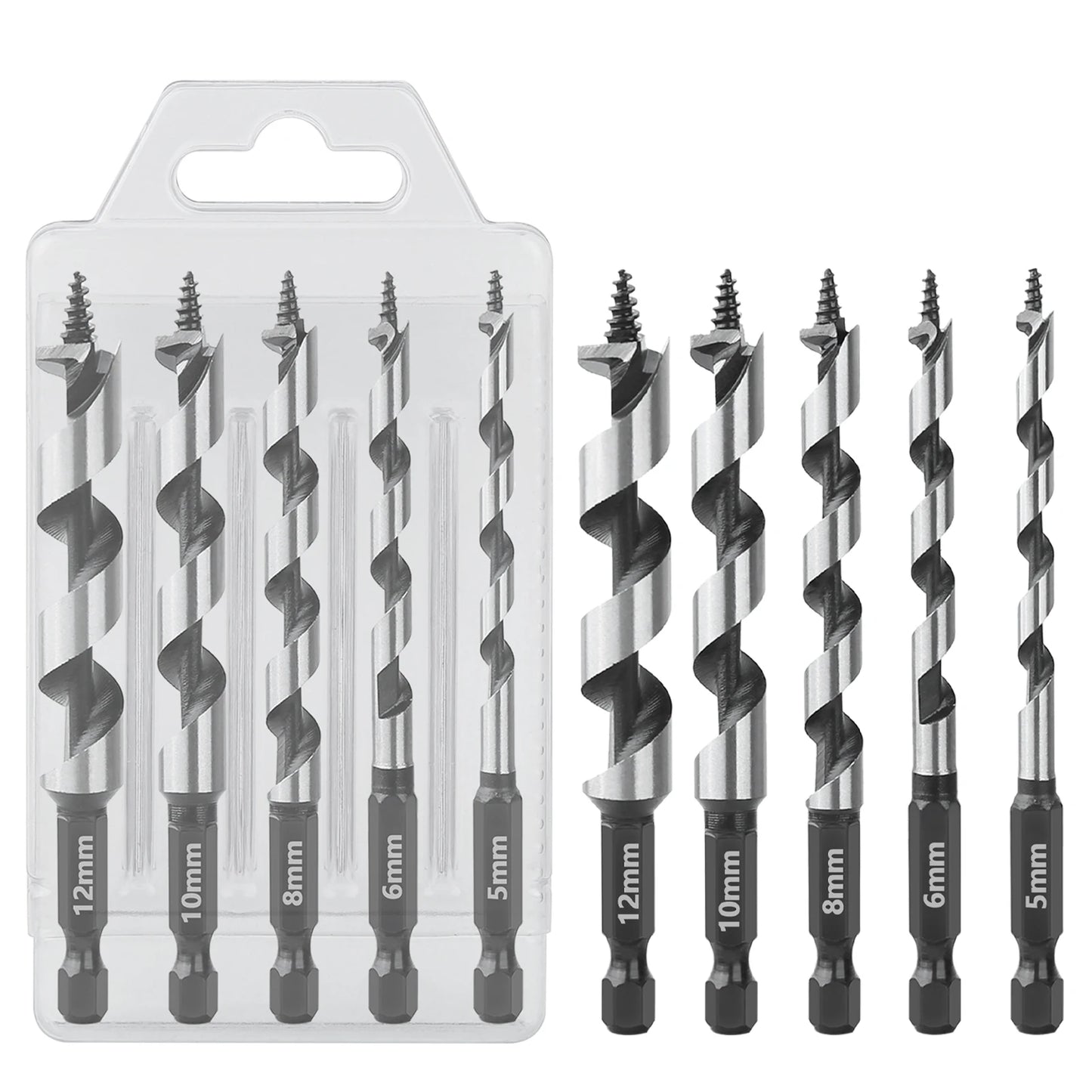 Wood Drill Bit Set with 5/6/8/10/12mm Ship Auger Design, 1/4'' Quick Change Shank, HCS for Soft & Hard Wood