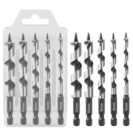 Wood Drill Bit Set with 5/6/8/10/12mm Ship Auger Design, 1/4'' Quick Change Shank, HCS for Soft & Hard Wood