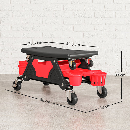 Rolling Mechanic Stool, 135kg Capacity Workshop Stool with 360° Swivel Wheels, Roller Creeper Seat with Slide Out Tool Trays, Drawer, Bottle Holders for Garage, Shop, Auto Repair