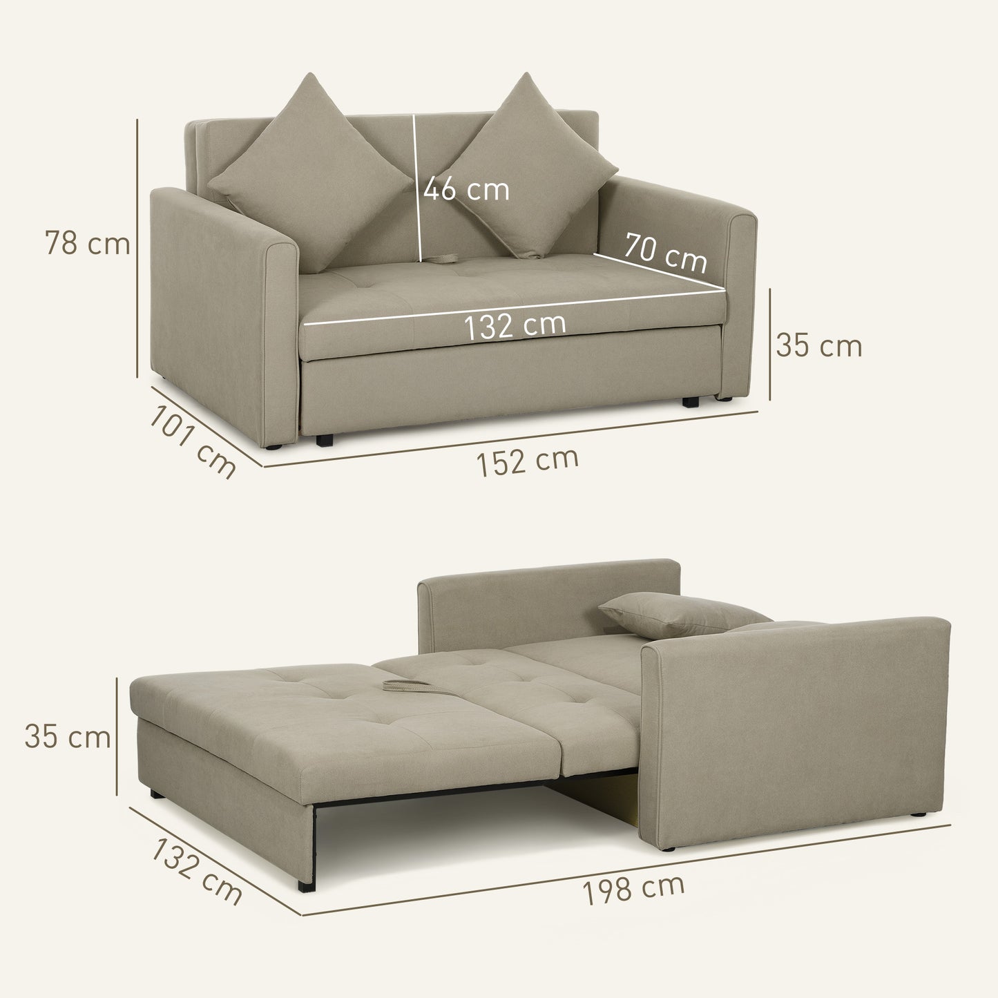 2 Seater Sofa Bed, Convertible Bed Settee, Modern Fabric Loveseat Sofa Couch with 2 Cushions, Hidden Storage for Living Room, Light Brown