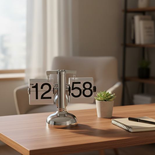 Retro Auto Flip Clock | Quartz Movement | 12-Hour AM/PM | Internal Gear Operated | ±90 Sec/Month | -10°C to +50°C | Black or White