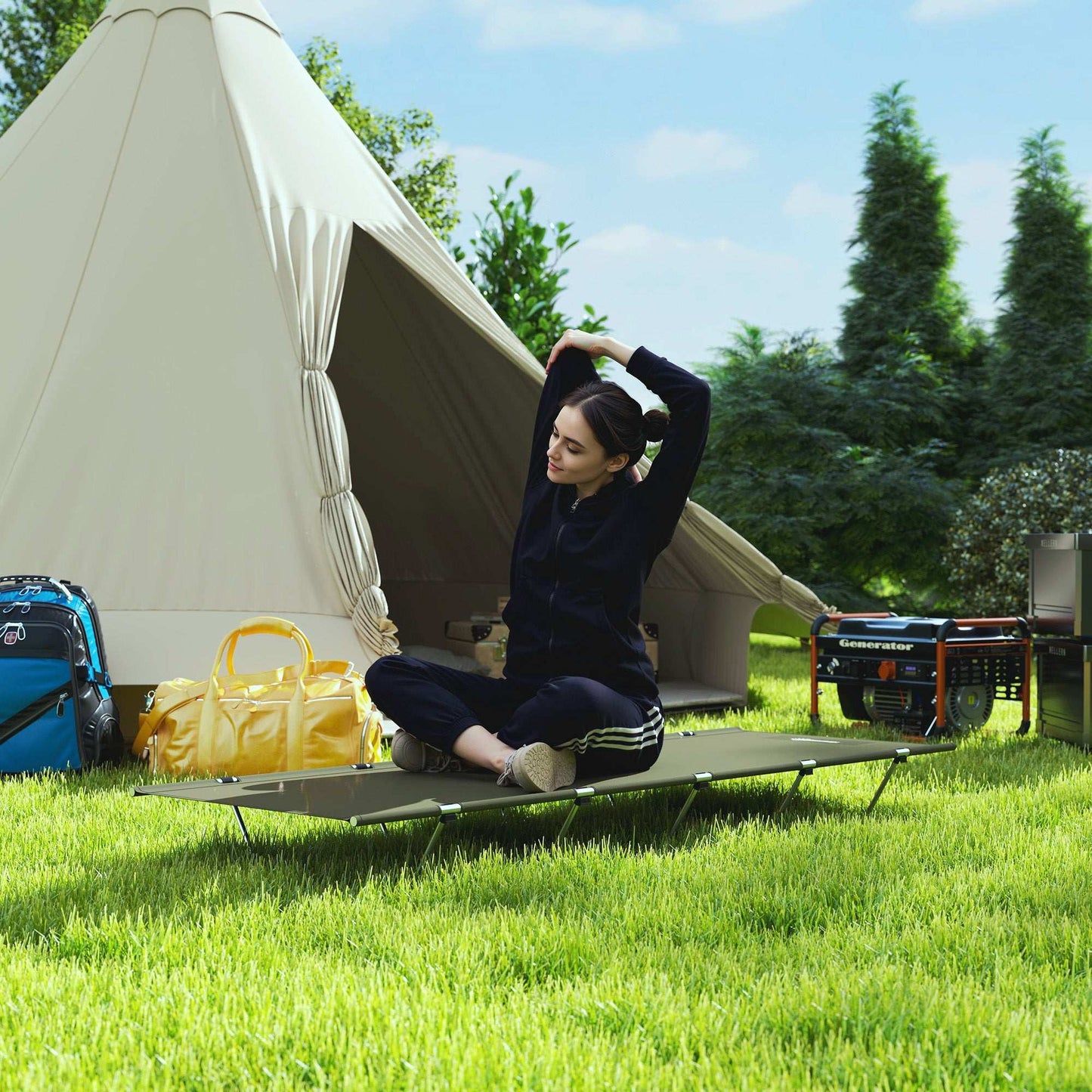 Outsunny Lightweight Camping Bed, w/ Strong Support 150kg and Carry Bag for Camping, Dark Green