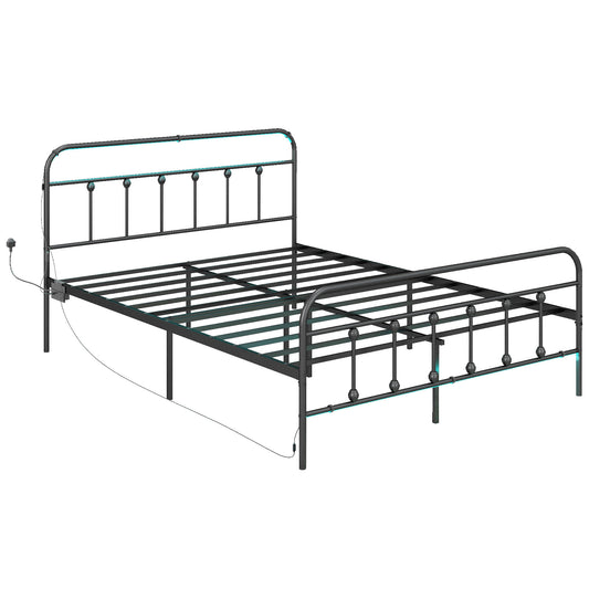 King Bed Frame with LED Lights and Charging Station, Metal Platform Bed Frame with Under Bed Storage, Black