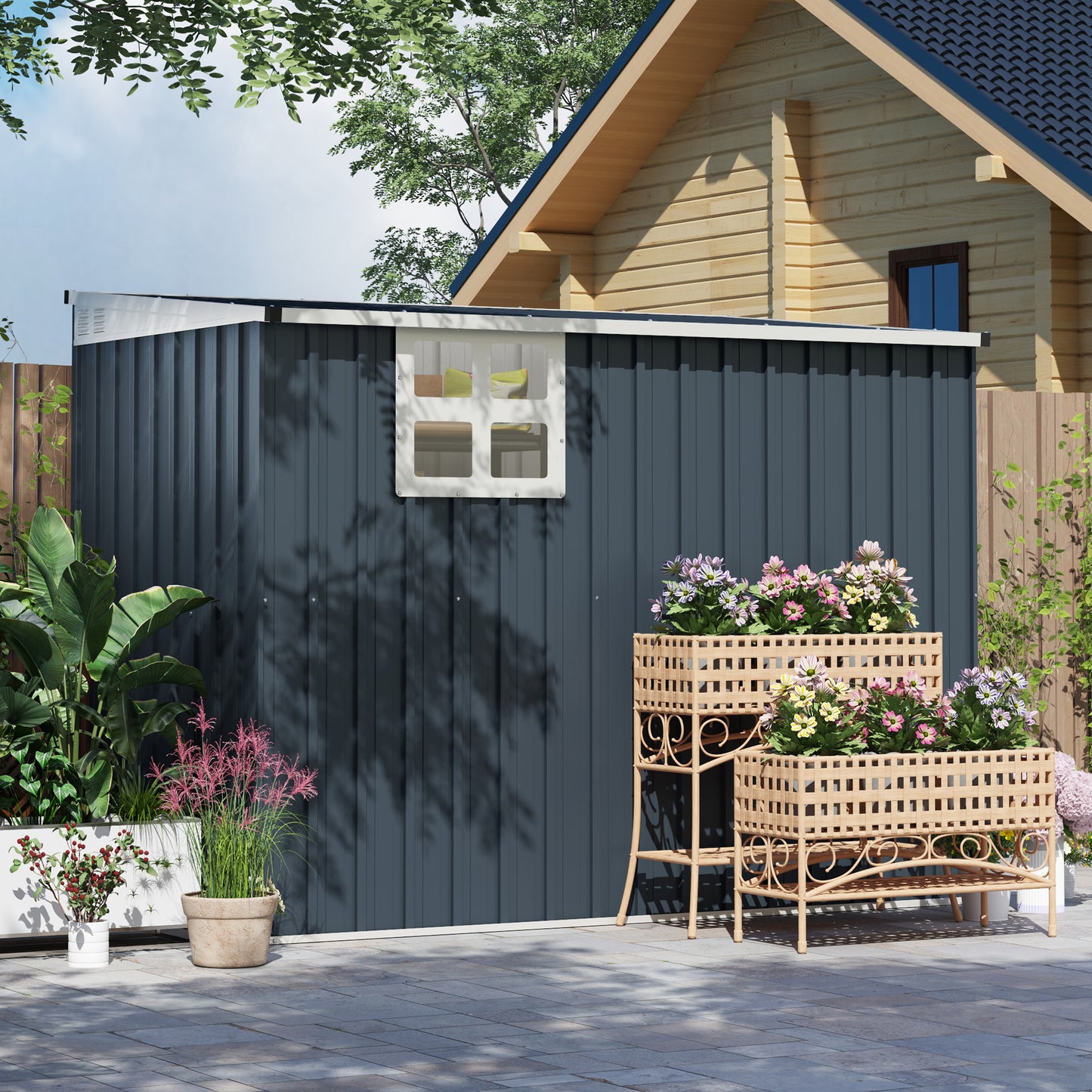 Outsunny 7.6 x 4ft Garden Metal Shed, Outdoor Storage Shed with Window, 2 Vents and Lockable Door for Garden, Patio, Dark Grey