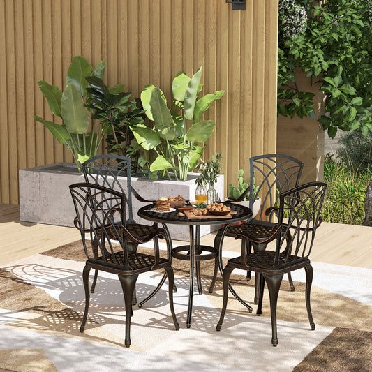 5 Piece Cast Aluminium Garden Dining Set | 4 Armchairs | Round Table Dia 85cm | 50mm Parasol Hole | Adjustable Feet | 160kg | Bronze Tone