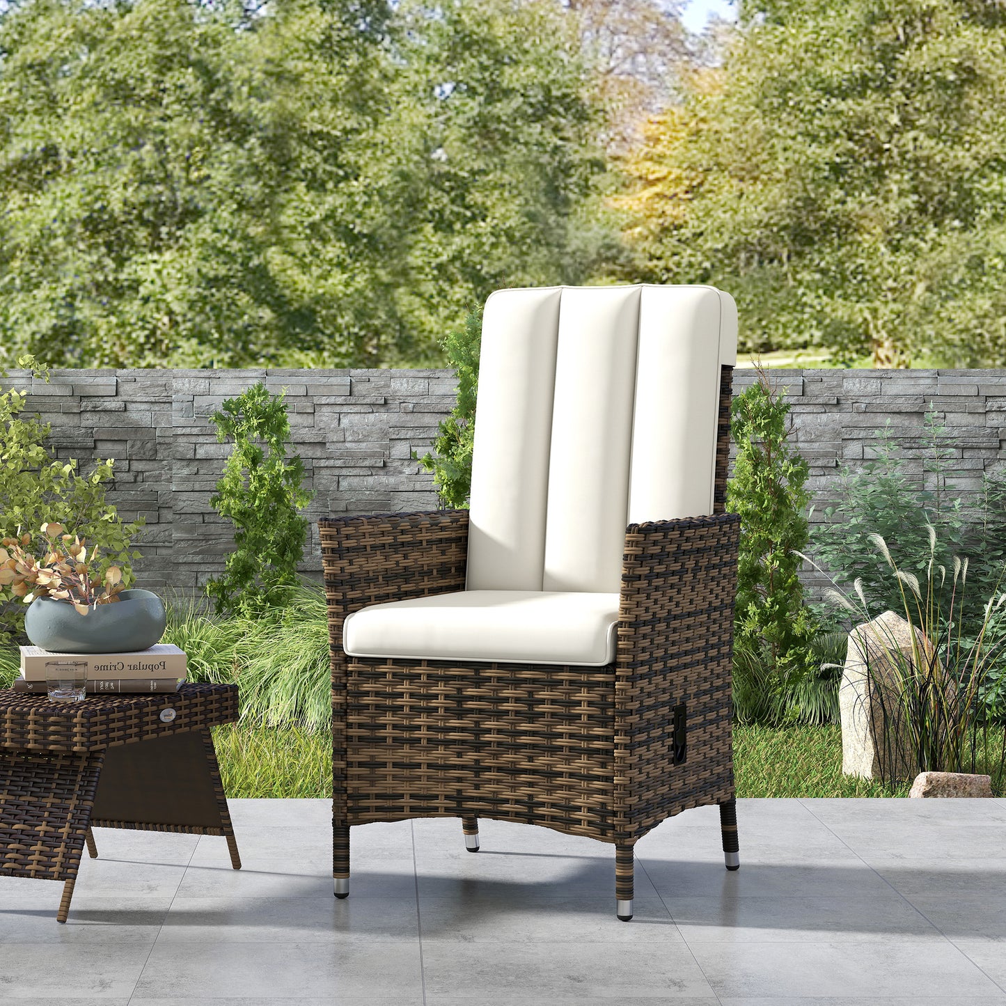 Rattan Garden Recliner Chair, Wicker Reclining Armchair with Adjustable Backrest and Cushion, Outdoor Lounge Sun Lounger, Cream White