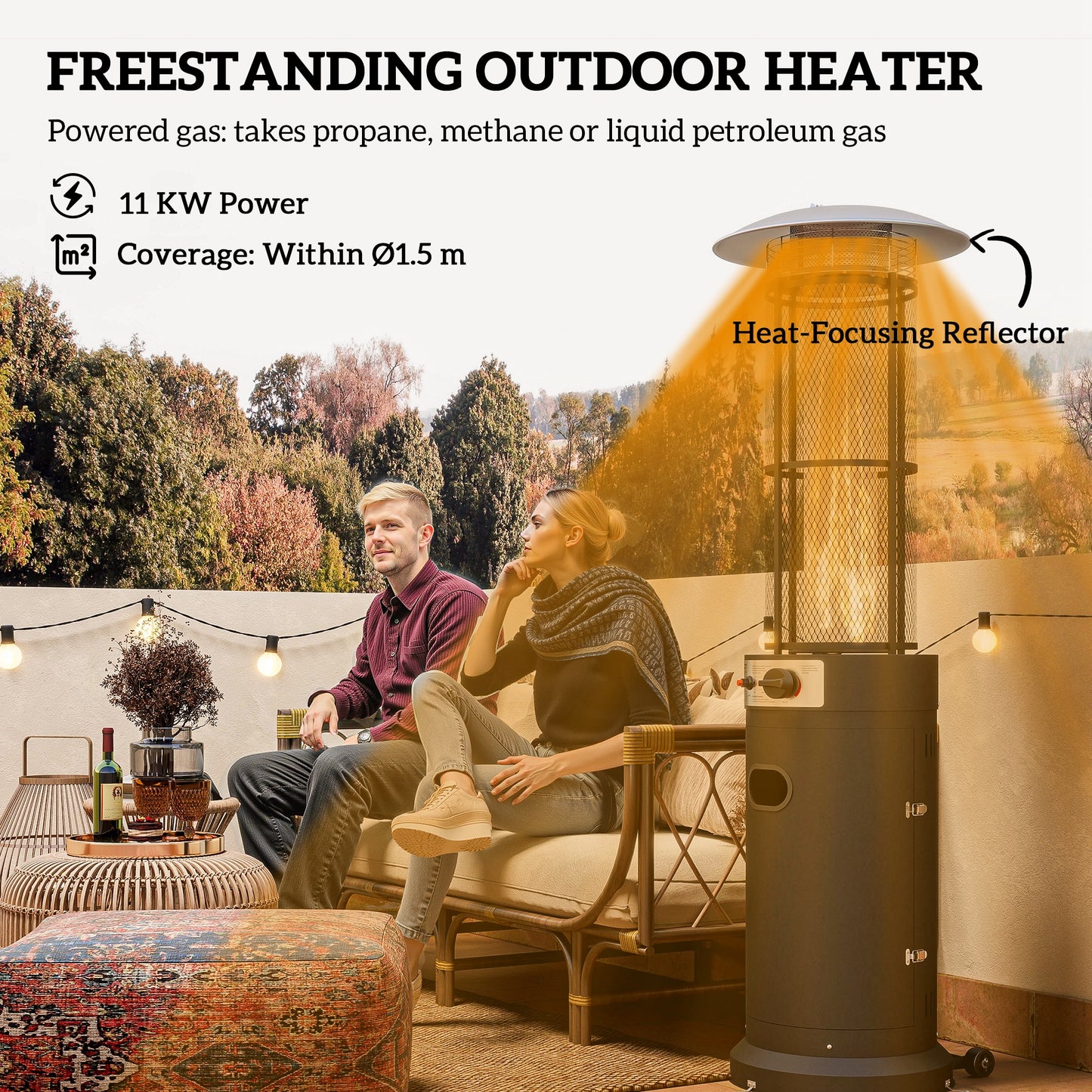 11 KW Freestanding Gas Patio Heater, Adjustable Outdoor Garden Propane Heater with Tip-Over Switch, Wheels, Pulse Ignition, Tank Room with Door