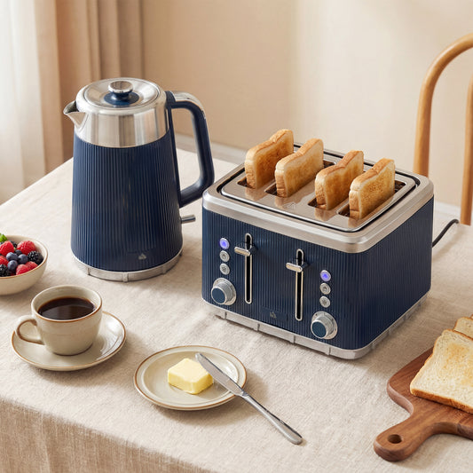 Electric Stainless Steel Kettle and Toaster Set, 3000W 1.7L UK Strix Thermostat Dark Blue