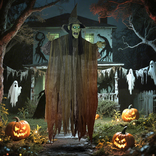 170 cm Life Size Hanging Halloween Animated Witch with Glowing LED Eyes, Spooky Witch Scary Halloween Decorations, Battery Operated, Indoor Party Props