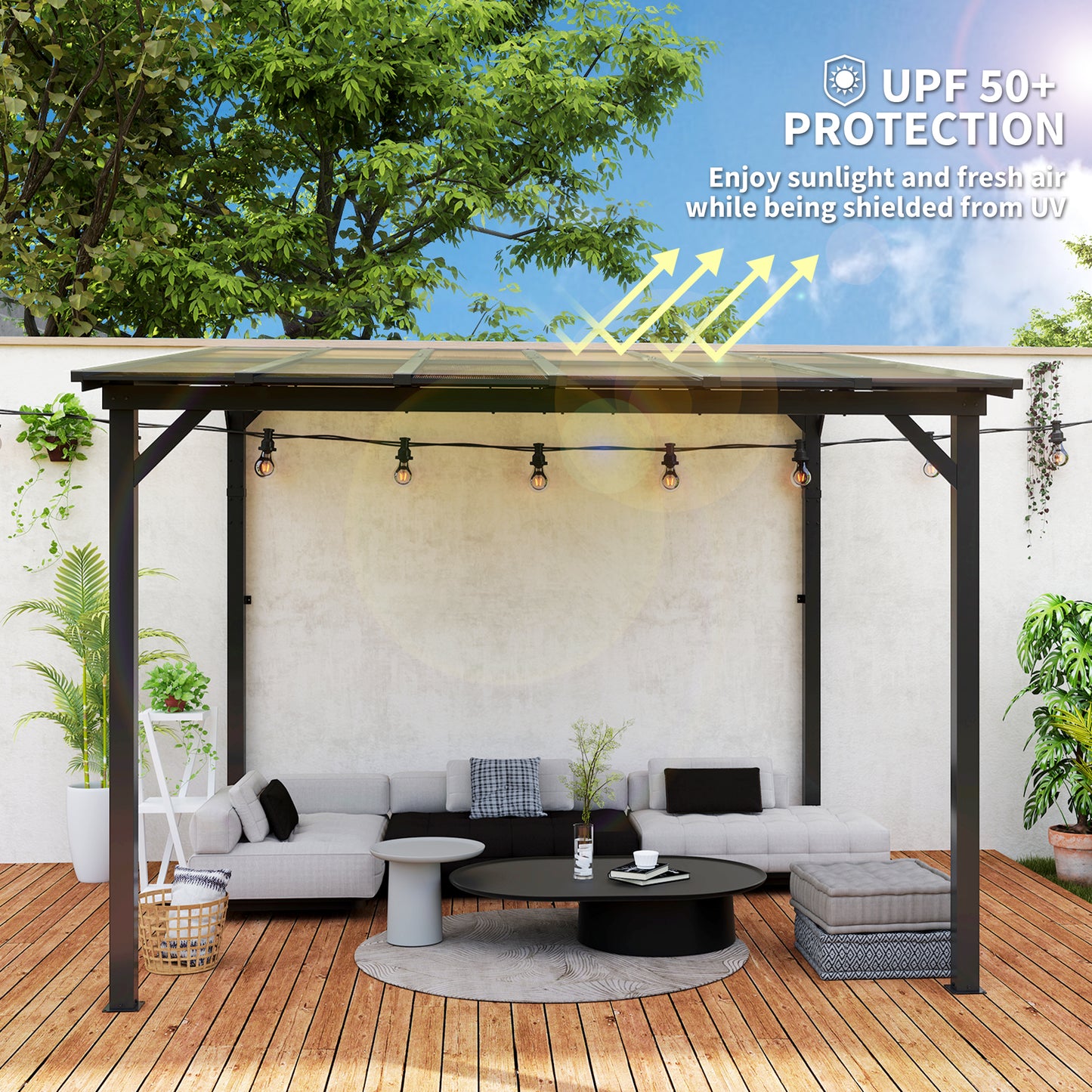 3 x 3(m) Metal Pergola with UPF 50+ and Waterproof Polycarbonate Roof, Wall-Mounted or Free Standing Garden Gazebo Outdoor Sun Shade