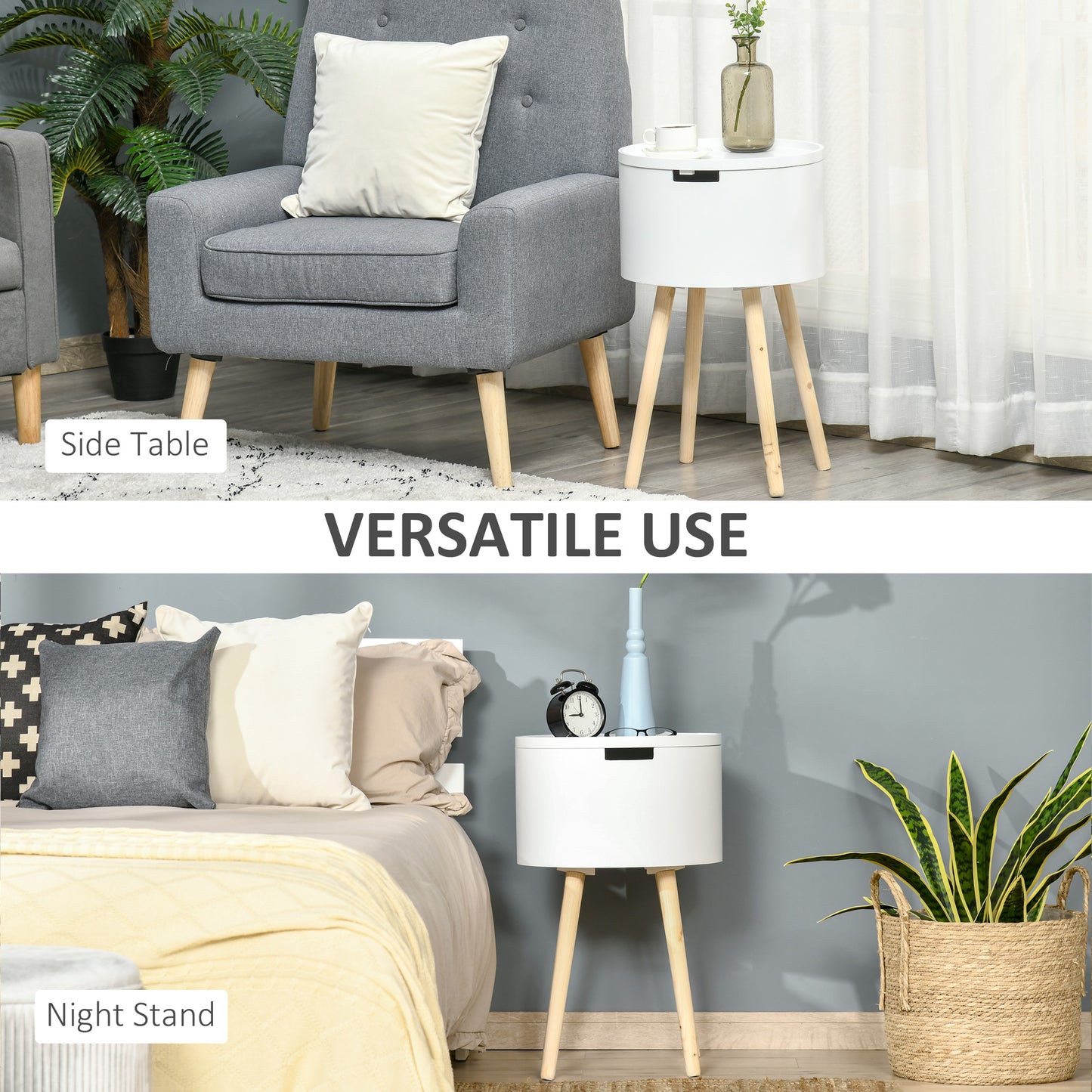 Modern Side Table With Hidden Storage Space, Round Night Stand / Removable Tray Wood Frame End Coffee Table, Set of 2 - White