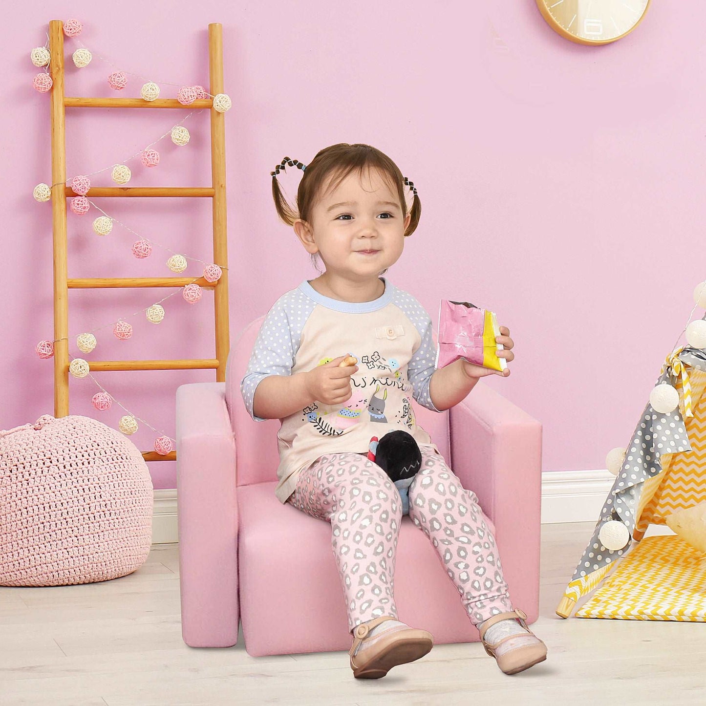 2 In 1 Toddler Sofa Chair, 48 x 44 x 41 cm, for Game Relax Playroom, Pink
