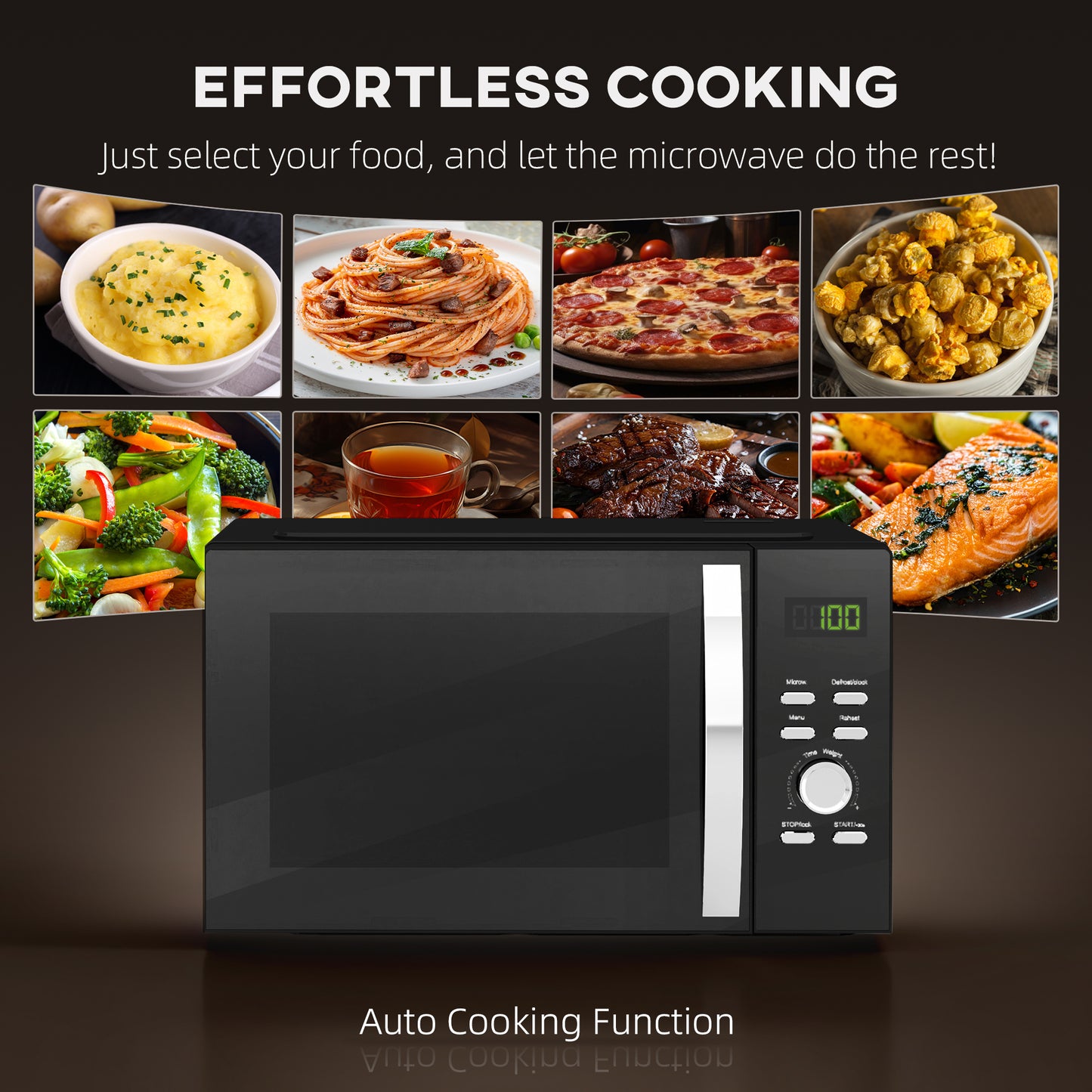 23L 800W Microwave Oven, Digital Solo with 5 Power Levels, Automatic Defrost, 8 Auto Cook Menus, 60 Minutes Timer, Clock, Easy Clean
