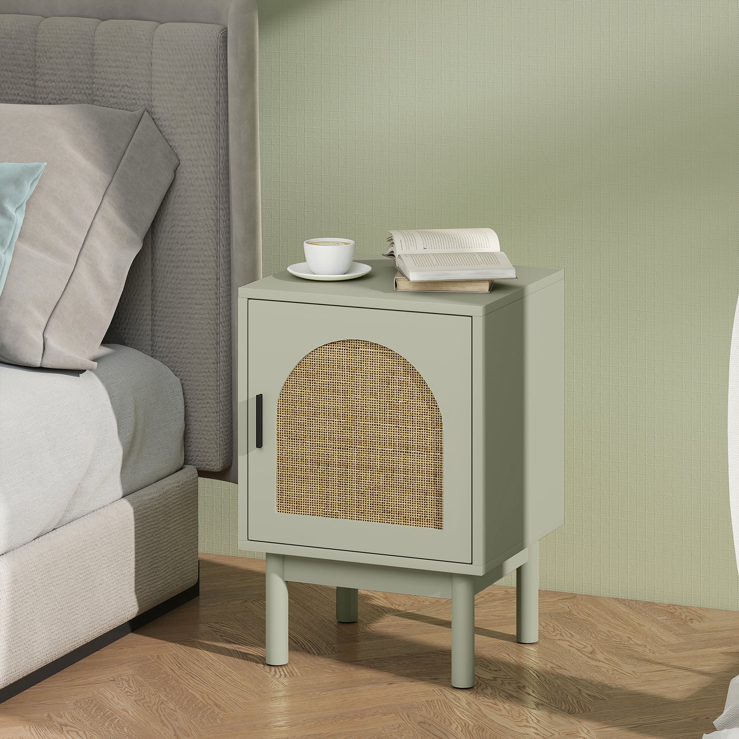 Set of 2 Rattan Boho Bedside Tables | Arch Doors | Solid Wood Legs | Light Green