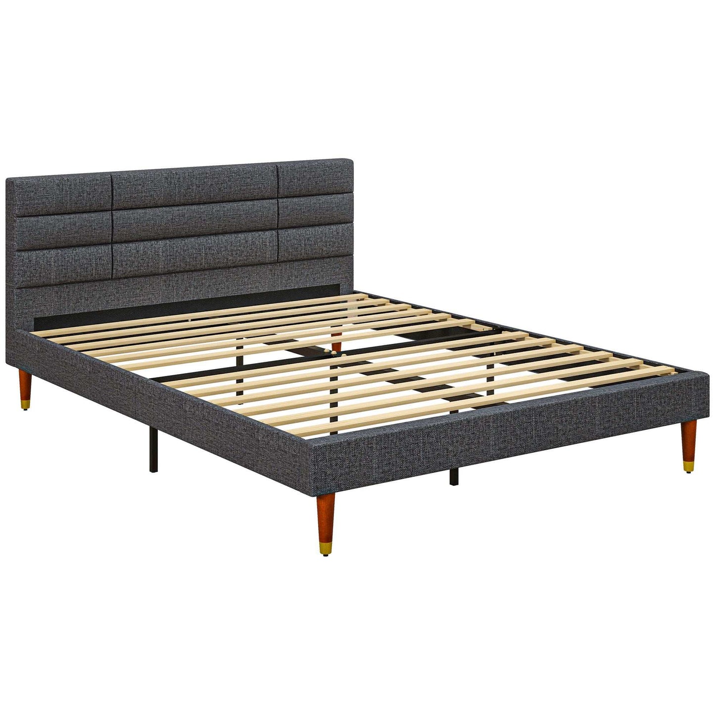 Upholstered King Bed Frame, With Slats - Grey