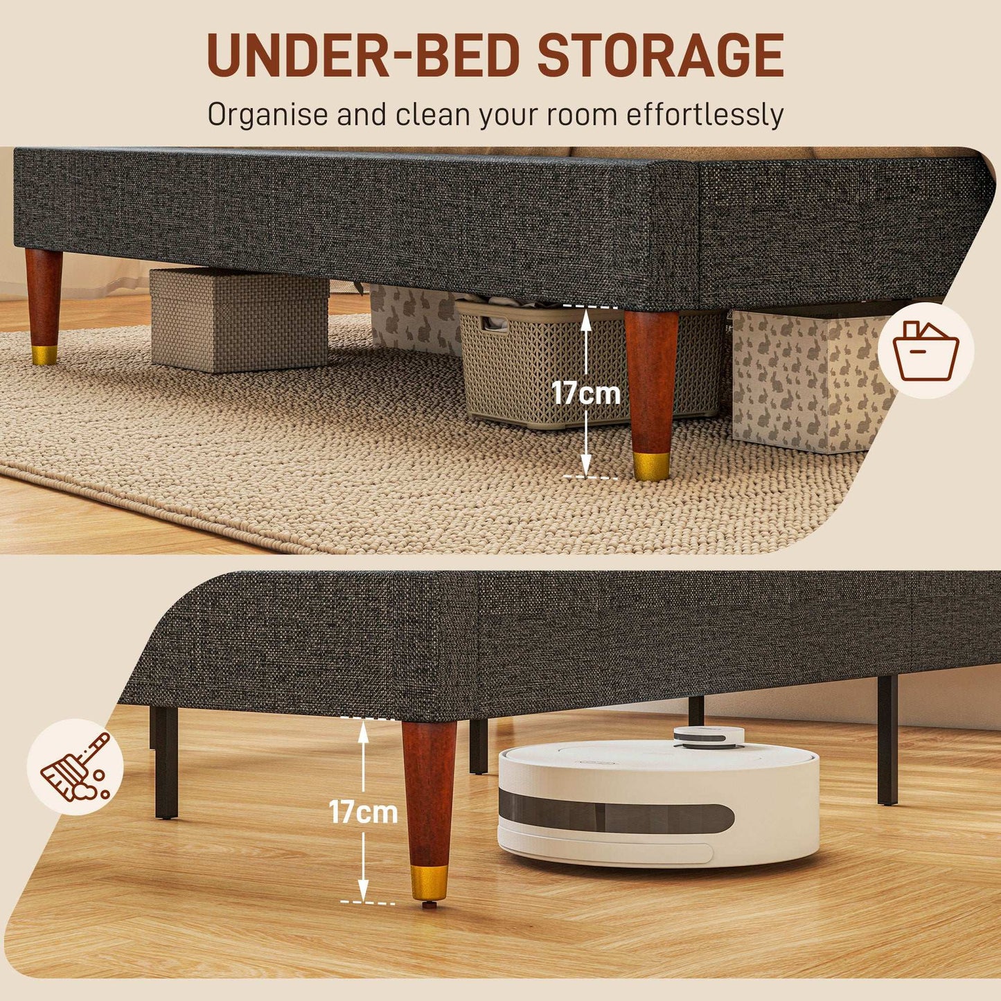 Upholstered King Bed Frame, With Slats - Grey