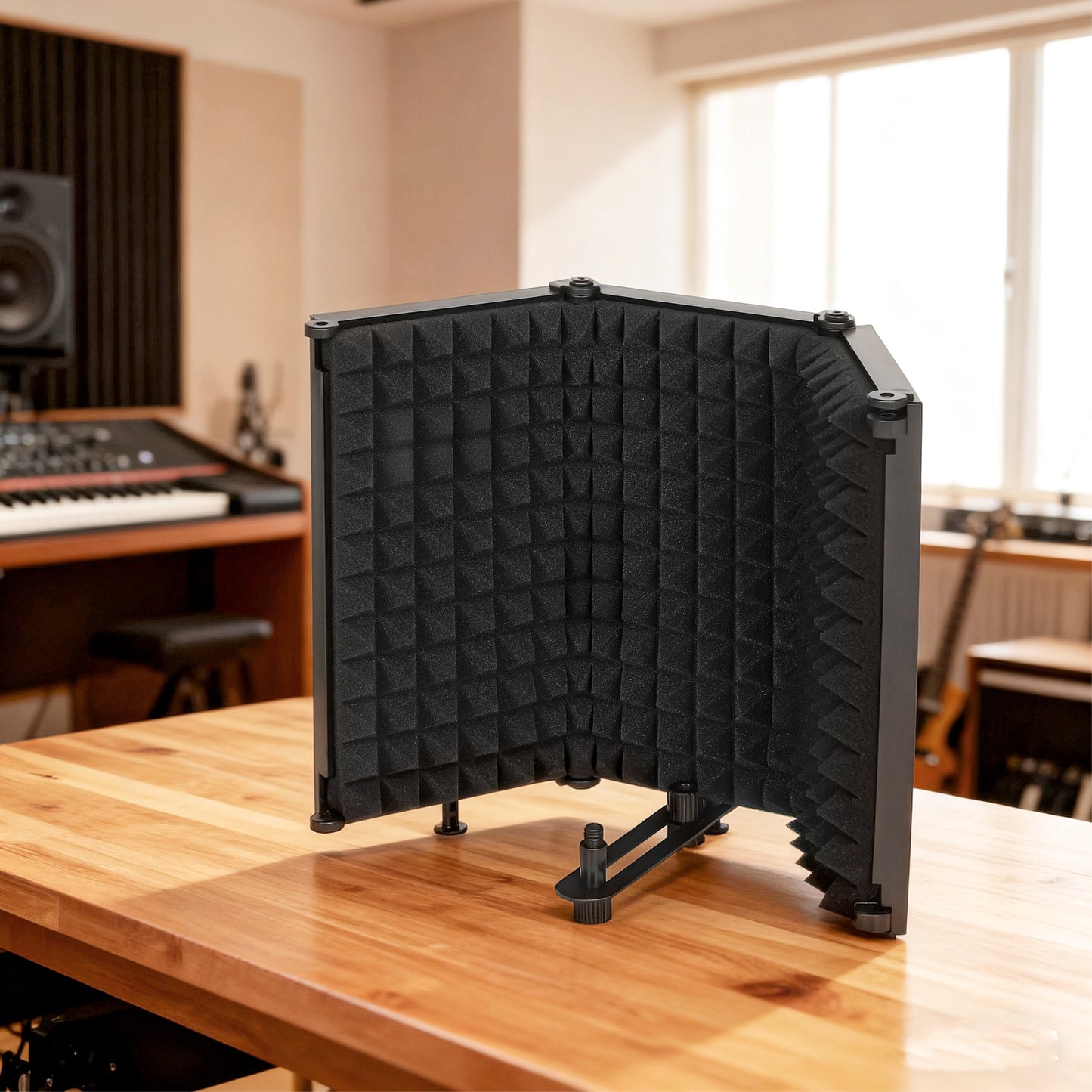 Studio Microphone Isolation Shield, Foldable Adjustable Recording Studio Equipment, 3-Panel High Density Absorbent Foam Shield with 3/8" Threaded Mount, Black