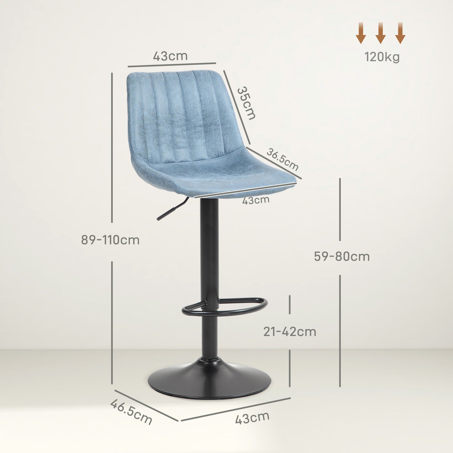 Adjustable Bar Stools Set of 2 Counter Height Barstools Dining Chairs 360° Swivel with Footrest for Home Pub, Blue