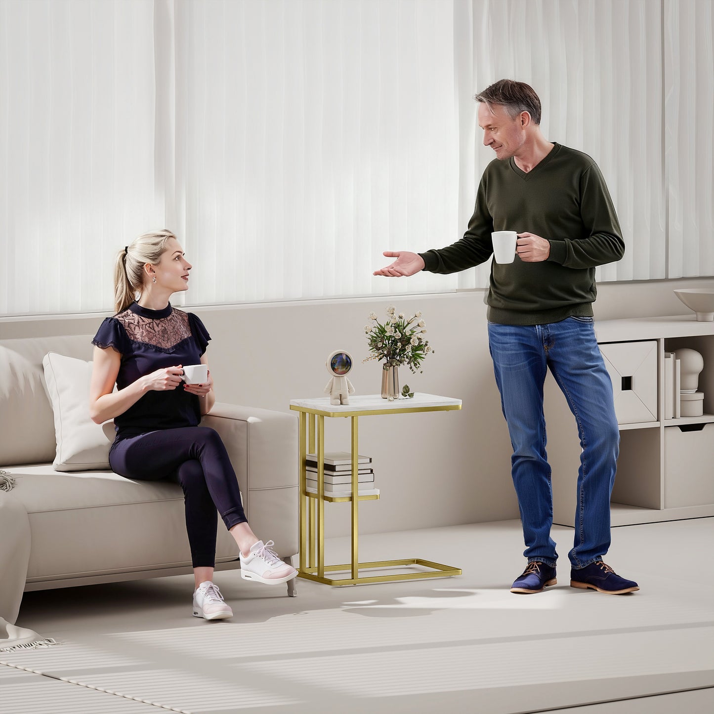 C-Shaped Narrow Side Table, 2-Tier Slim End Table, Nightstand for Small Spaces, Living Room, Bedroom, White Marble Grain