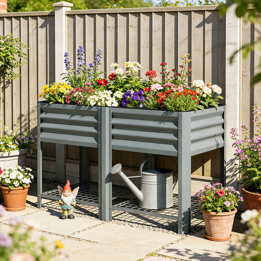 Outsunny Raised Garden Bed with Storage Shelf Steel Elevated Planter Box with Legs for Outdoor Vegetables Flowers