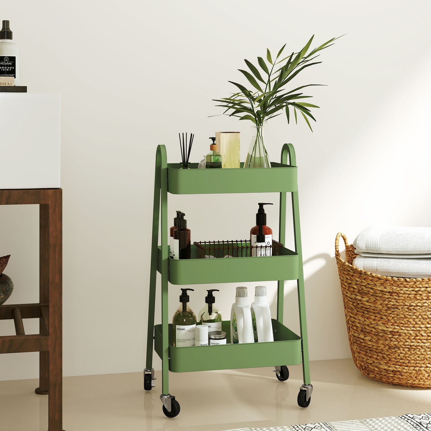 Three-Tier Storage Cart Trolley - Green / Pink