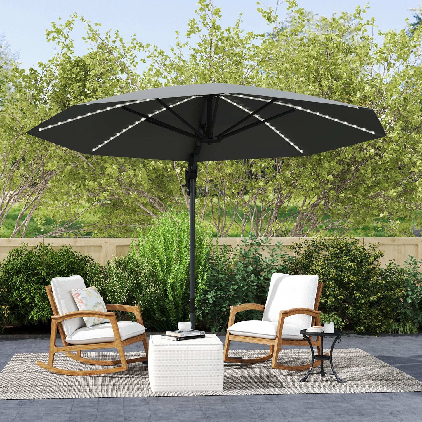 Outsunny 3(m) Cantilever Garden Parasol with Solar Powered Lights, Crank Handle & Cross Base, UPF 50+, 360° Rotation, Dark Grey