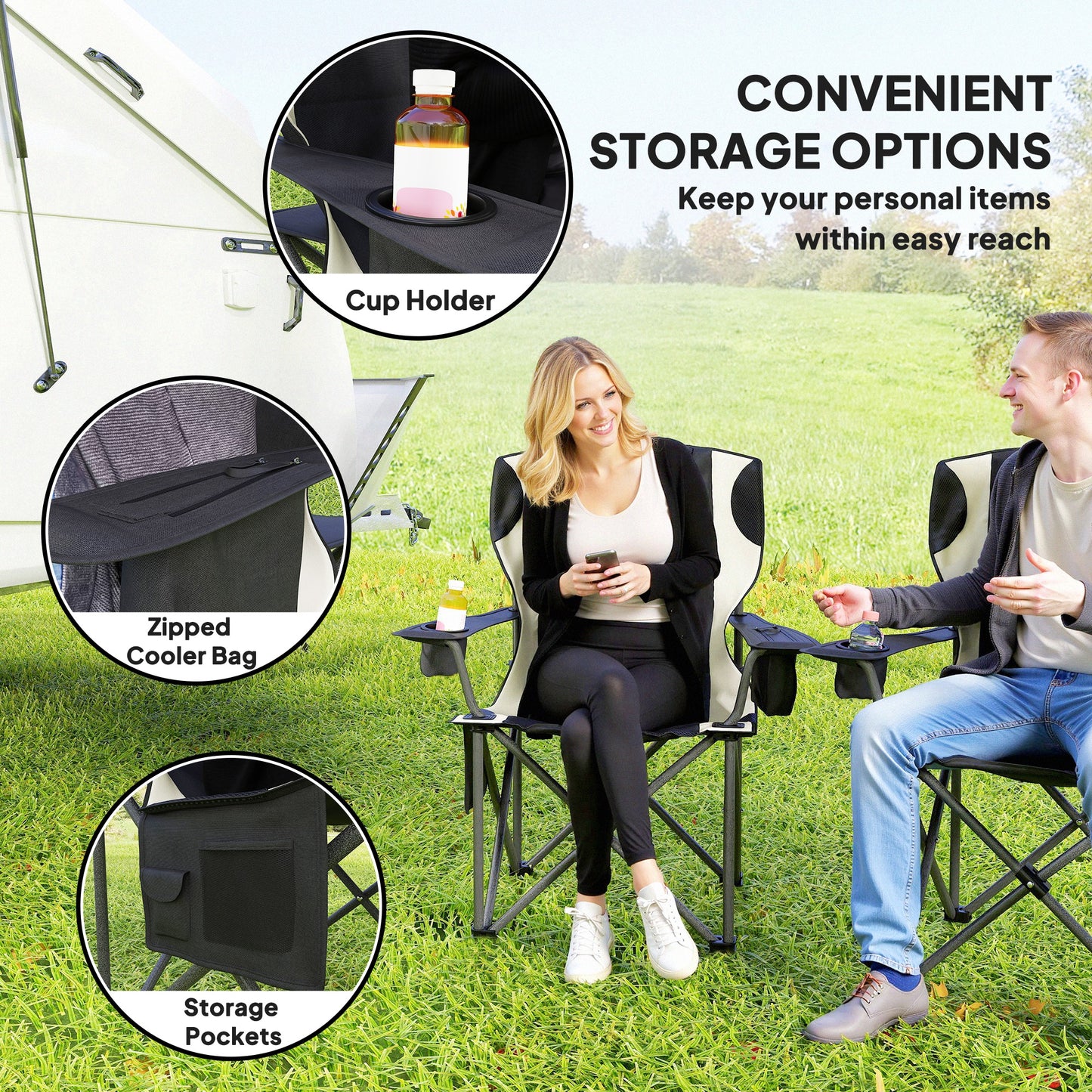 Set of 2 Folding Camping Chairs, Padded Camping Chairs with Adjustable Armrests, Portable & Lightweight Folding Camp Chair with Cooler Bag, Cup Holder and Side Pockets