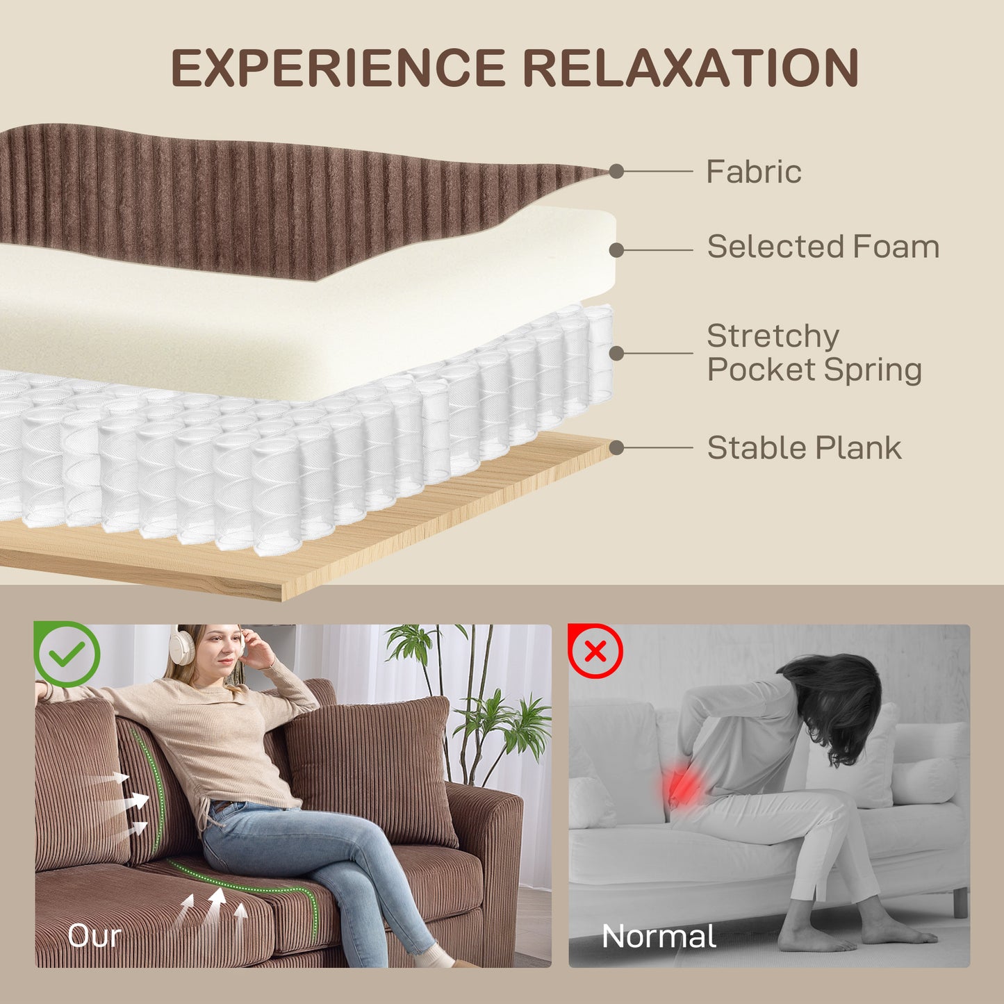 Modern 3 Seater Sofa with Spring Cushion, 212 cm Fabric Jumbo Cord Sofa Couch with 2 Scatter Cushions, Upholstered Corduroy Settee, Coffee