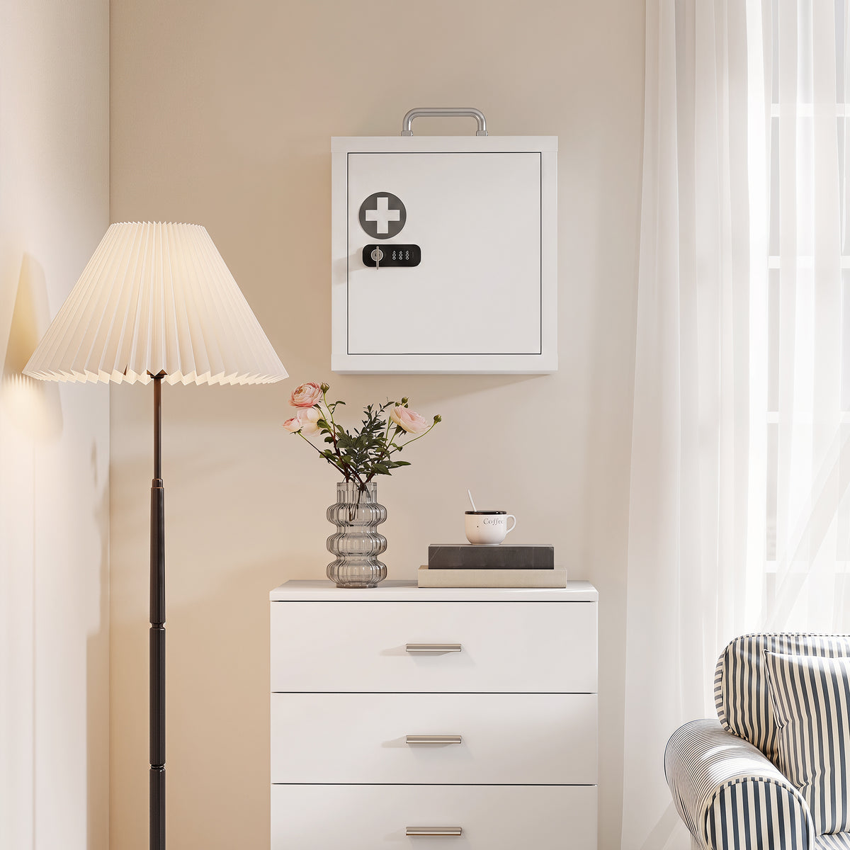 Medicine Cabinet | White Wall-Mounted 2-Tier Stainless Steel First Aid Storage with Dual Locks