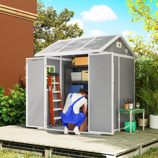 Outsunny 6 x 6ft Garden Shed with Floor, Window, Lockable Doors and Vents, Wood Effect Resin Tool Shed for Outdoor Patio, Grey