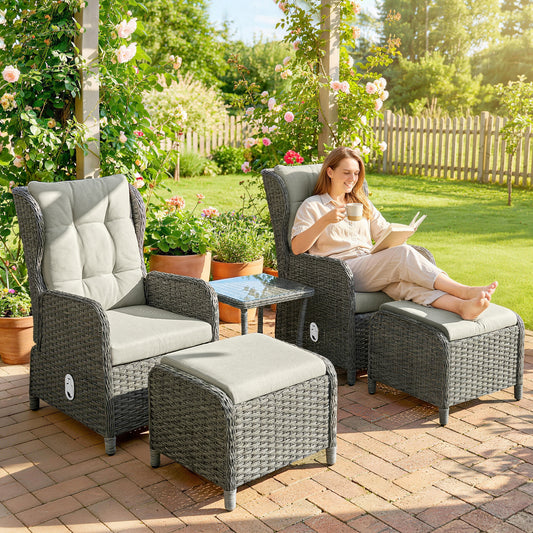 5 Piece Rattan Garden Furniture Set | 2 Reclining Chairs & 2 Footstools | Side Table | 90-135° Backrest | Aluminium Frame | Washable Cushions | 120kg | Cream White