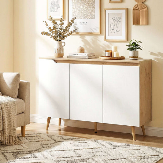 Sideboard Storage Cabinet | 3 Doors | 2 Adjustable Shelves | 5 Rubberwood Legs | Anti-Tip | 80kg | 107x35x76.5cm | White & Oak