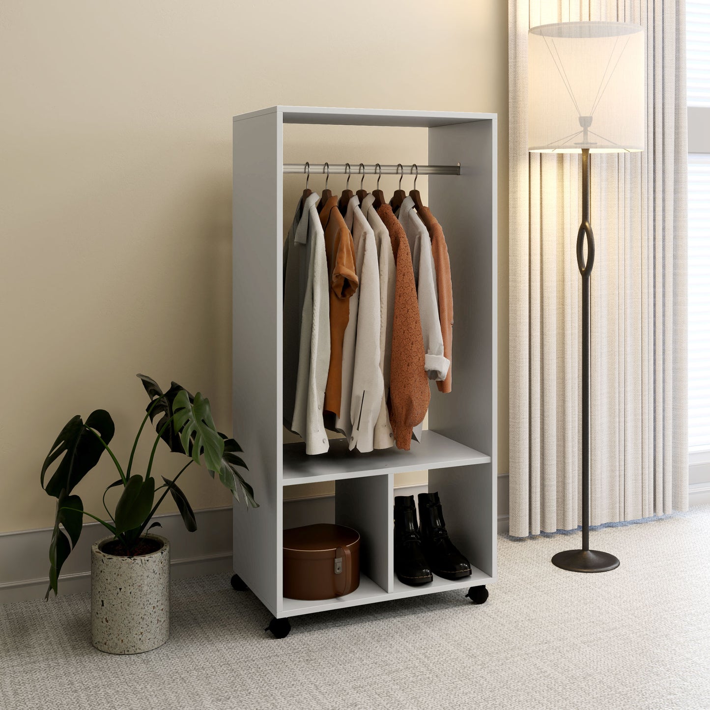 Open Wardrobe for Bedroom, Small Wardrobe on Wheels W/ Clothes Rail, Storage Shelves, Mobile Garment Rack Cloakroom, Hallway, Grey