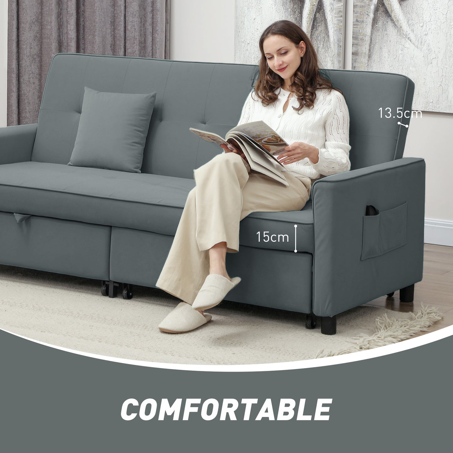 Three-Person Velvet-Feel Sofa Bed - Grey