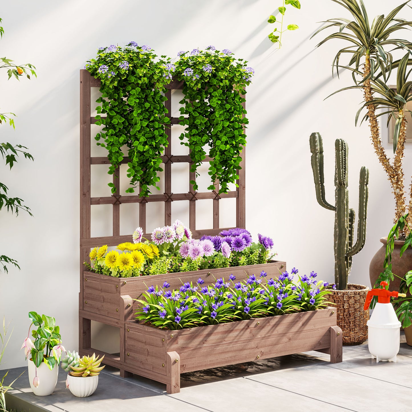 2-Tier Raised Bed with Trellis, Wooden Elevated Planter Box, Outdoor Raised Planter for Climbing Plants, Fruits, Vegetables, Flowers, Brown