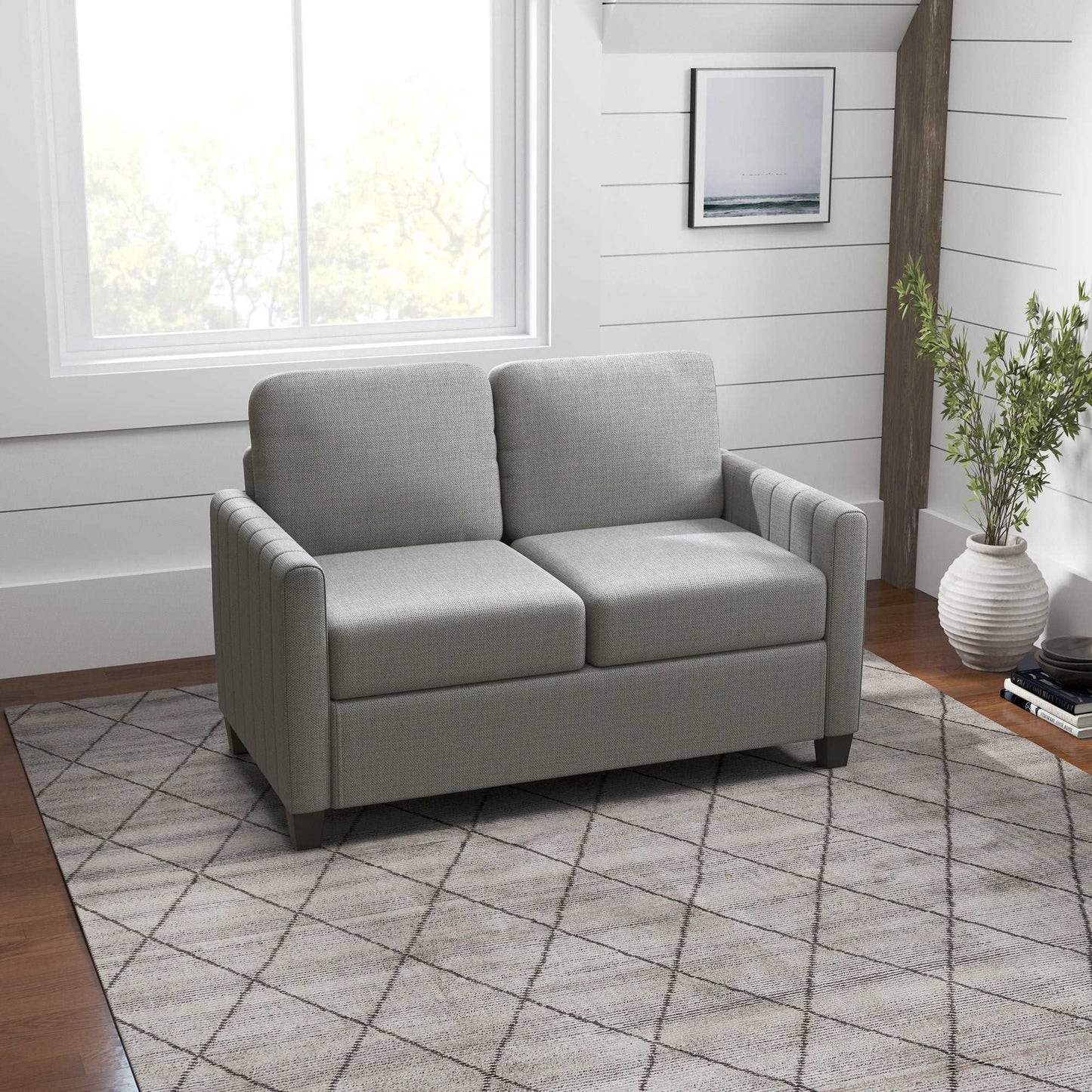 2 Seater Sofa, Channel Tufted Modern Fabric Couch, Upholstered Loveseat with Spring Cushion, Back Pillow, for Small Space, Living Room, Bedroom, Office, Light Grey