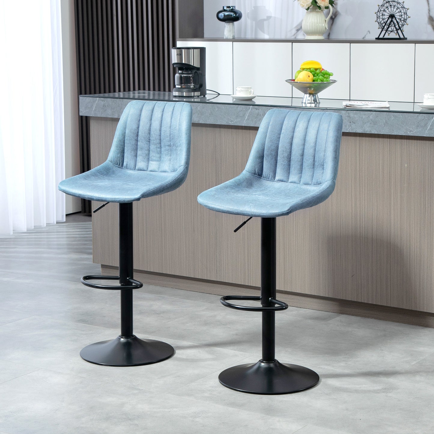 Adjustable Bar Stools Set of 2 Counter Height Barstools Dining Chairs 360° Swivel with Footrest for Home Pub, Blue