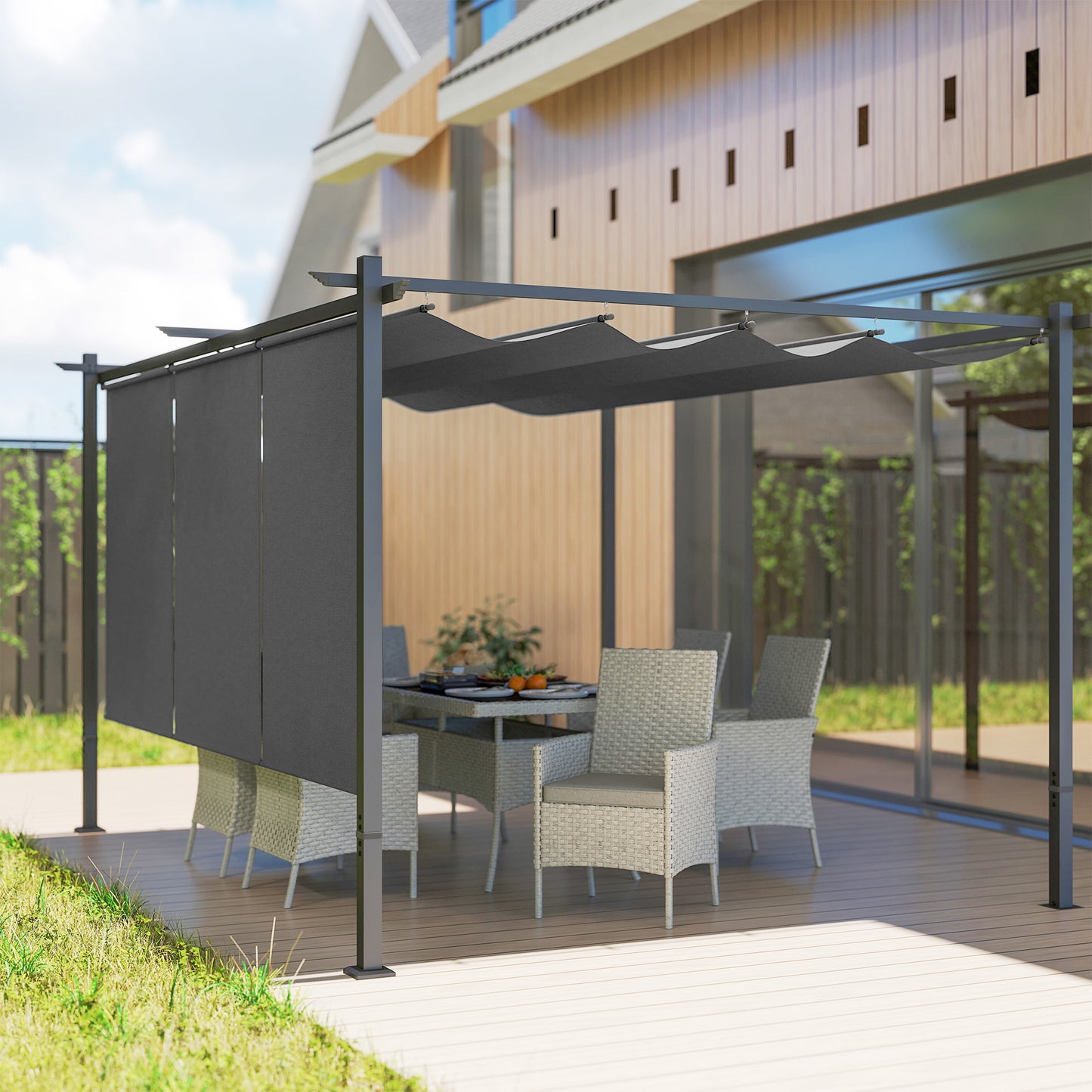 3 x 4m Metal Pergola with Retractable Roof and Roller Shade, Wall-Mounted or Free Standing Garden Gazebo Canopy Kit, Sun Shade Shelter, Grey