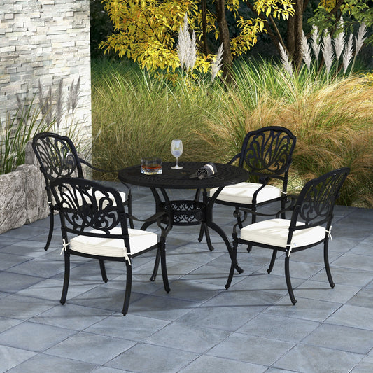 Outsunny Cast Aluminium 4 Seater Outdoor Dining Set with Cushions Parasol Hole Black