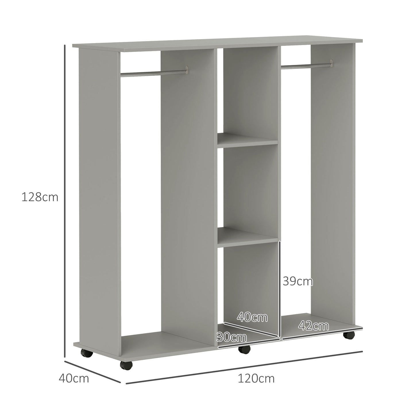 Double Open Wardrobe on Wheels, Bedroom Wardrobe with Clothes Hanging Rails, 3 Storage Shelves, Mobile Garment Rack for Cloakroom, Hallway, Grey