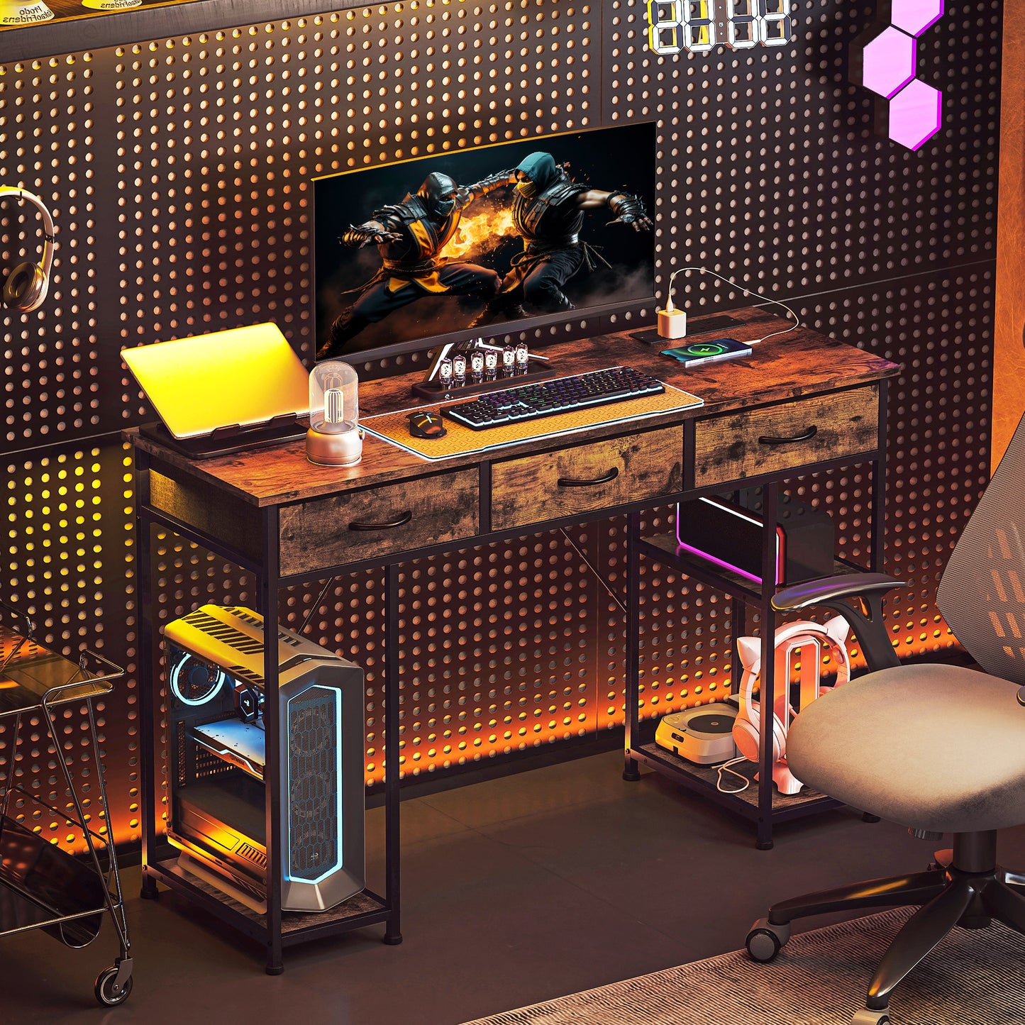 120cm Computer Desk with Power Outlets, Office Desk Study Table with Fabric Drawers and Storage Shelves, Rustic Brown