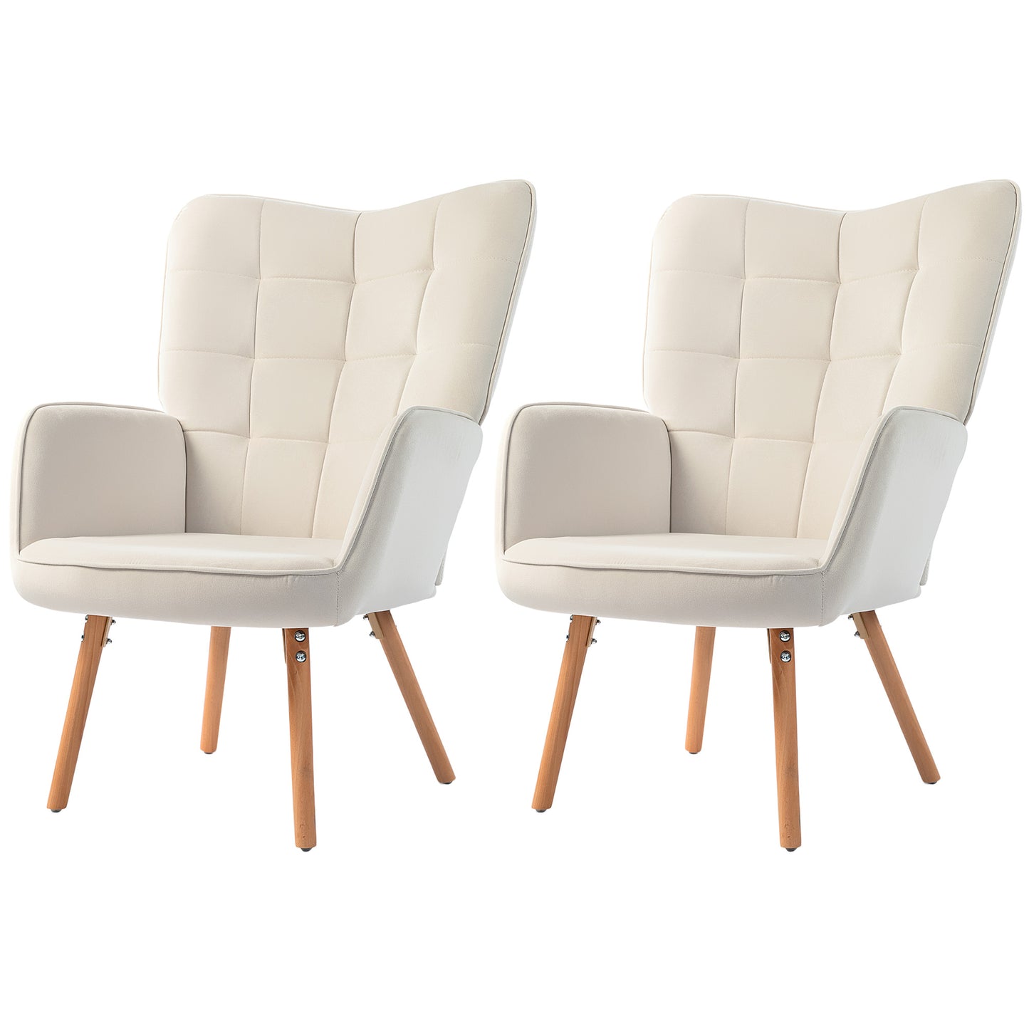 Modern Accent Chair Set of 2 Velvet-Touch Tufted Wingback Armchair Upholstered Leisure Lounge Sofa Club Chair with Wood Legs, Cream White