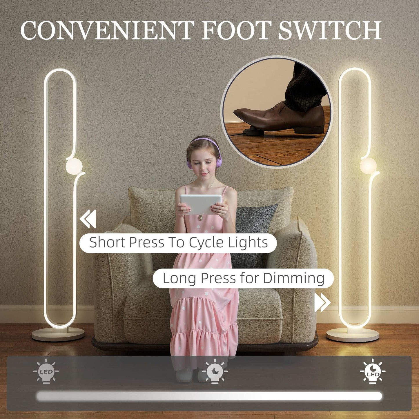 LED Floor Lamp, Dimmable Floor Standing Lamp with Glass Night Light, Foot Switch for Living Room, Bedroom, Office, White