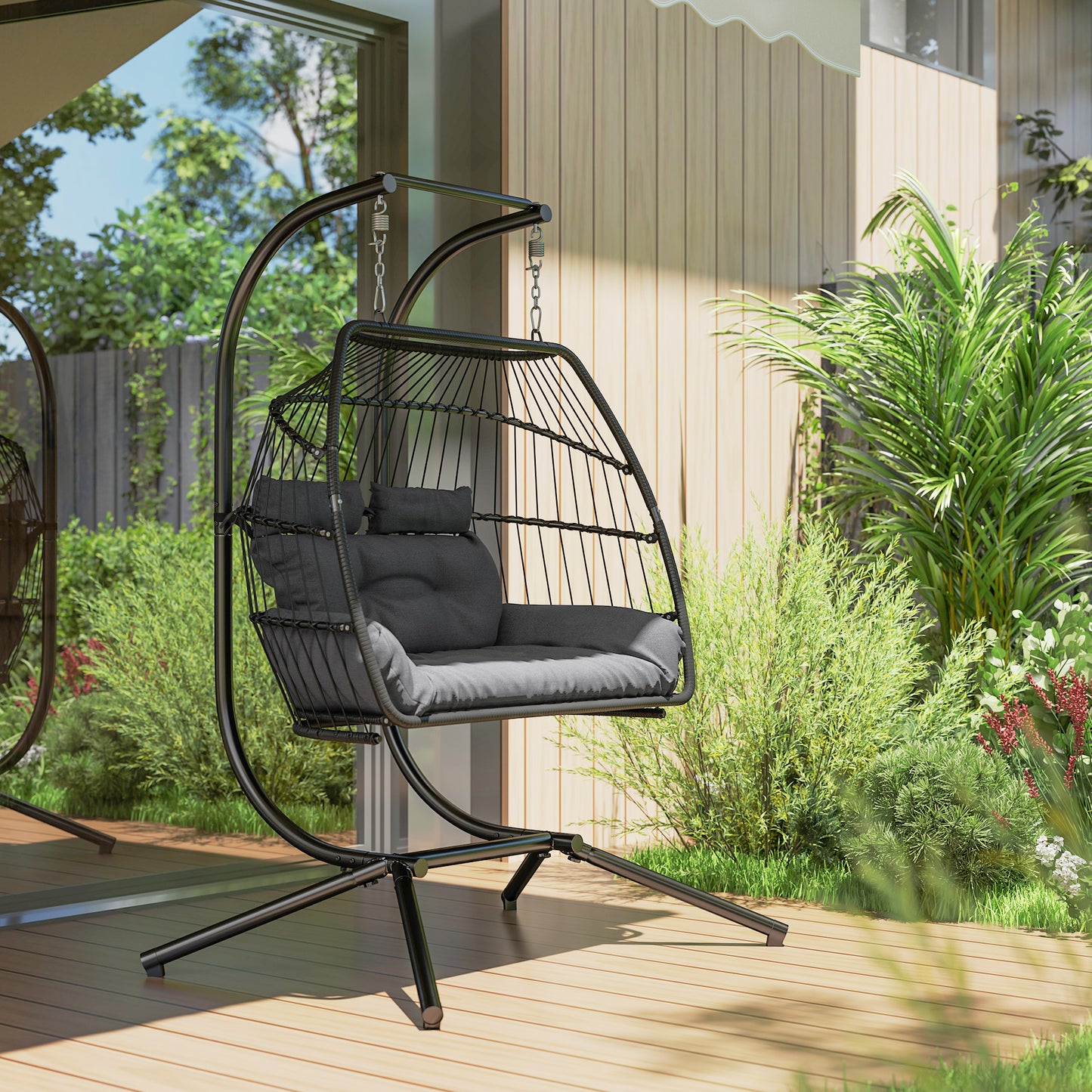 Outsunny Rattan Double Hanging Egg Chair with Stand, Foldable Wicker Swing Egg Chair with Cushion, Head Pillows, Steel Frame, Hammock Chair for Indoor Outdoor