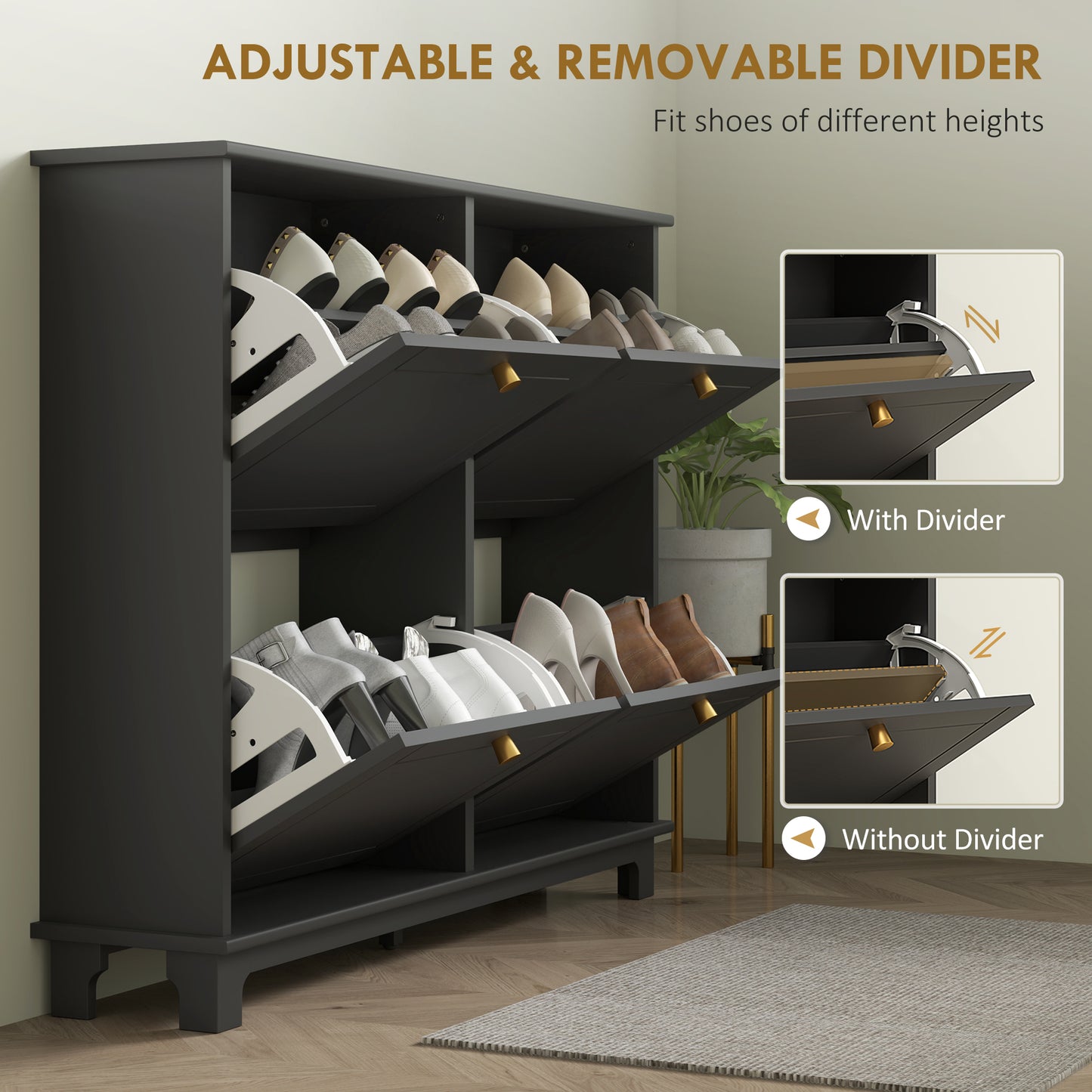 Narrow Shoe Storage Cabinet, Slim Shoe Cabinet with 4 Flip Drawers, Adjustable Shelves for 16 Pairs of Shoes, Black