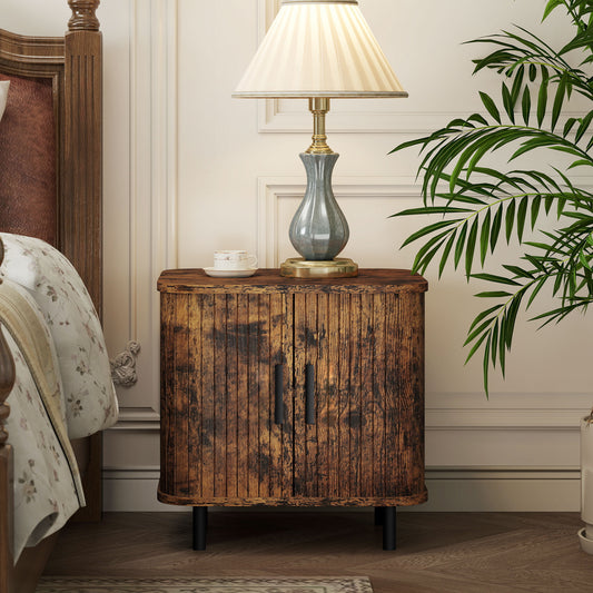Nordic Bedside Table | Roller Shutter Sliding Doors | 2-Tier Storage | Melamine Surface | Steel Legs | 90kg | 48x40x48cm | Rustic Brown