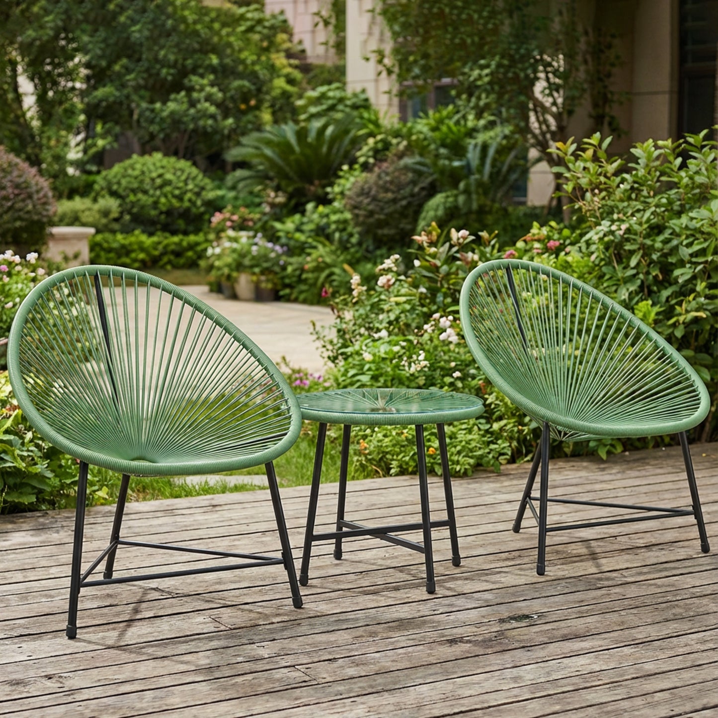 3 Piece Acapulco Style Rattan Bistro Set | 2 Oval Chairs | Tempered Glass Coffee Table | PE Rattan | Powder Coated Steel | 120kg | Green