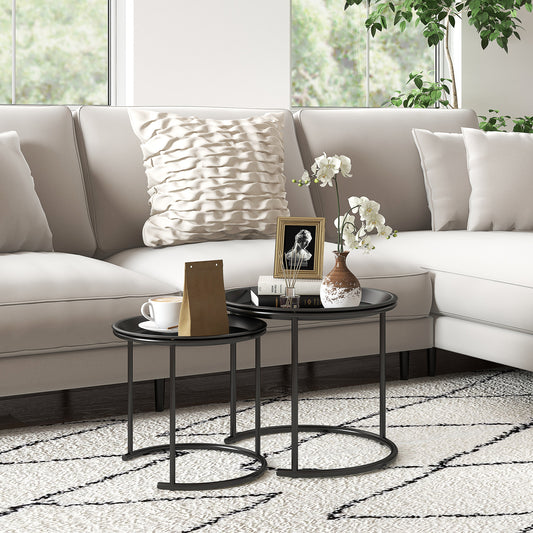 Nesting Tables Set of 2, Side End Table with Removable Tabletop Tray and Steel Frame for Living Room, Bedroom, White