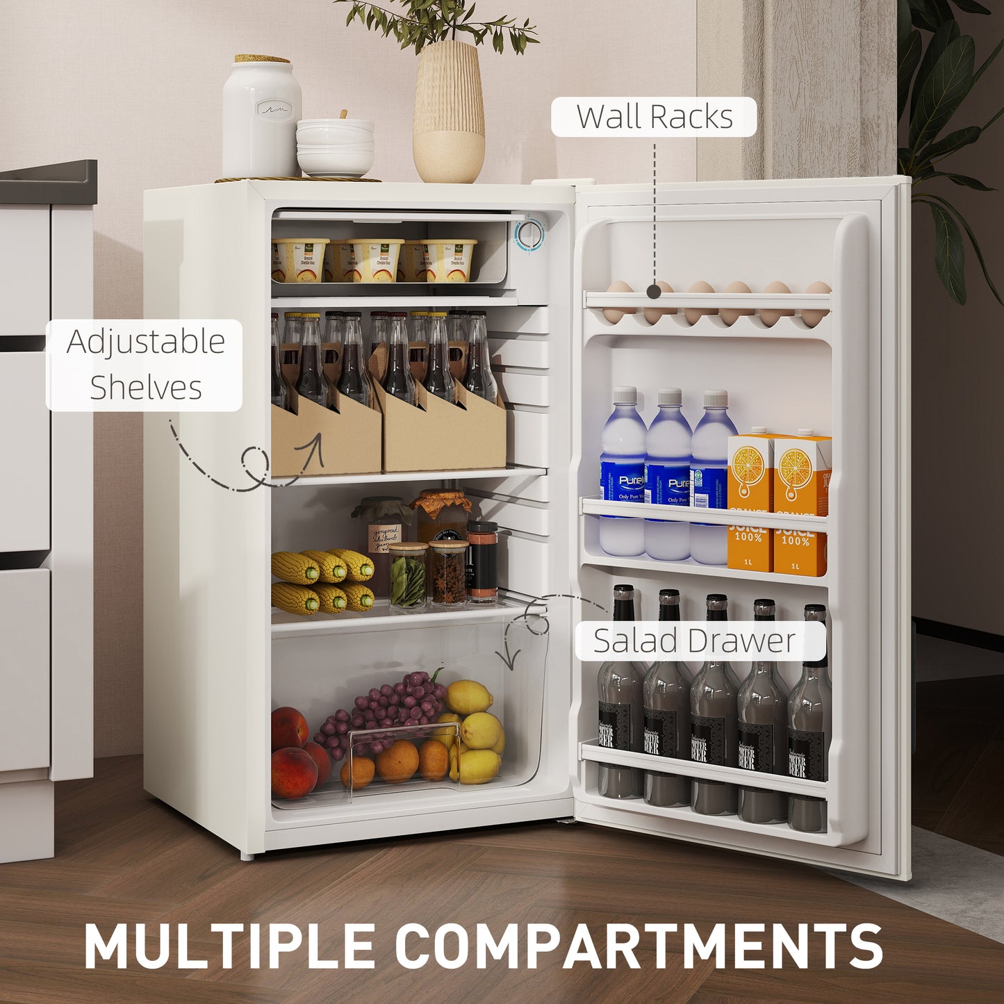 91 Litre Freestanding Under Counter Fridge Freezer, Small Fridge with Chiller Box, Adjustable Thermostat, 47.5cm Wide, Beige